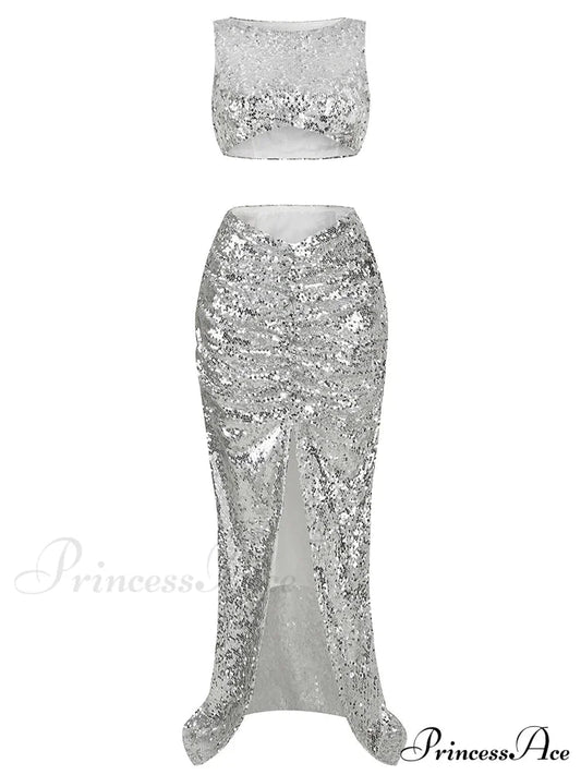 New Summer Silver Fashion Sequins Two-Piece Set Sleeveless Skirt Christmas Party Dress