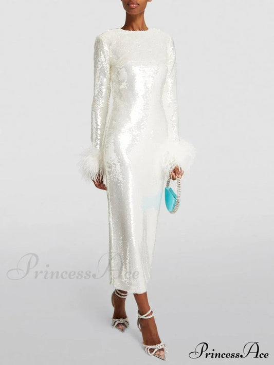 New Women O Neck Long Sleeve Luxury Sequin Feather Christmas Party Dress