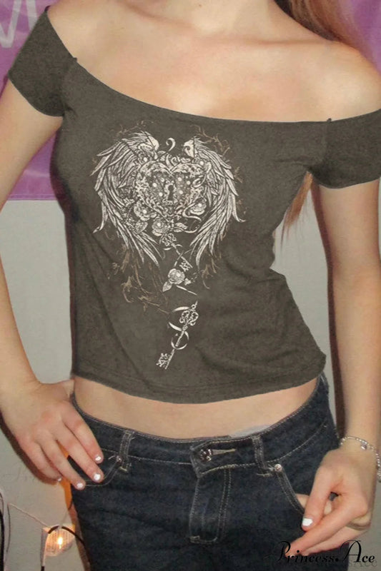 Off Shoulder Wing Print T-shirt