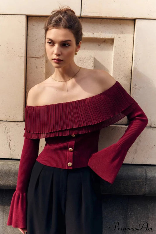 Off-the-Shoulder French Button-Panel Knit Sweater Red / S