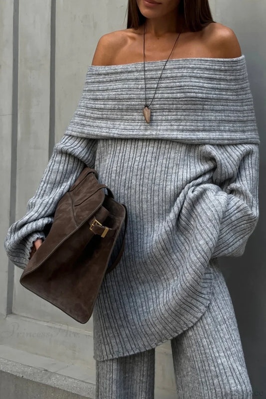 Off-the-Shoulder Ribbed Knit Wide Sleeve Flowy Pants Two Piece Set