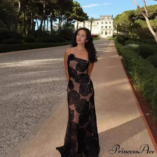 One Shoulder Mesh Maxi Party Dress