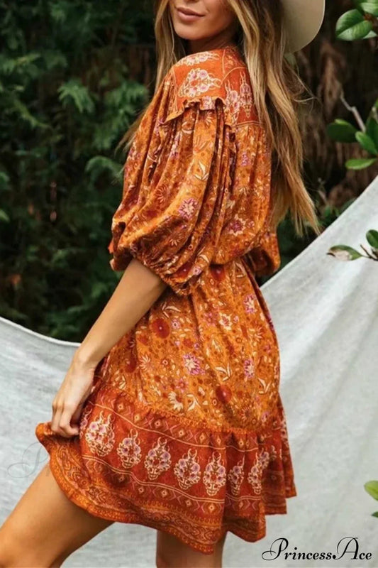 Orange Floral Print Lantern Sleeve Tassel Rayon Mini Boho Dress