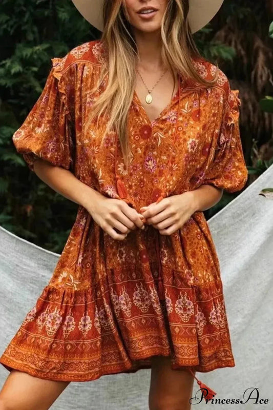Orange Floral Print Lantern Sleeve Tassel Rayon Mini Boho Dress