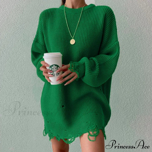 Oversized Casual Sexy Club Y2K Women Knitted Green O Neck Christmas Sweater