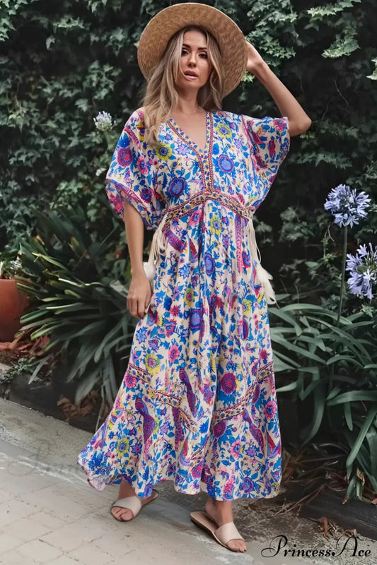Peacock Floral Print V-neck Tassel Rayon Vacation Boho Dress