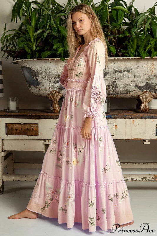 Pink Embroidery Floral Boho Long Sleeve Dress