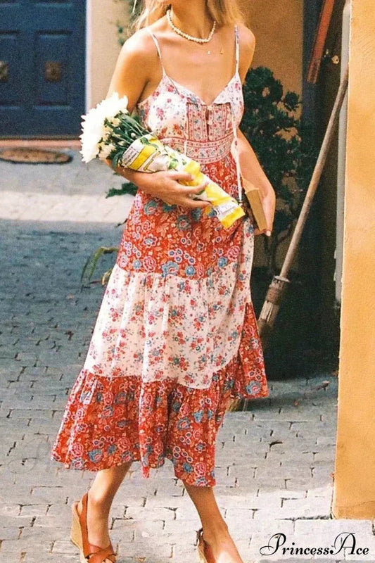 Pink Floral Print Sleeveless Strap Rayon Summer Maxi Boho Dress