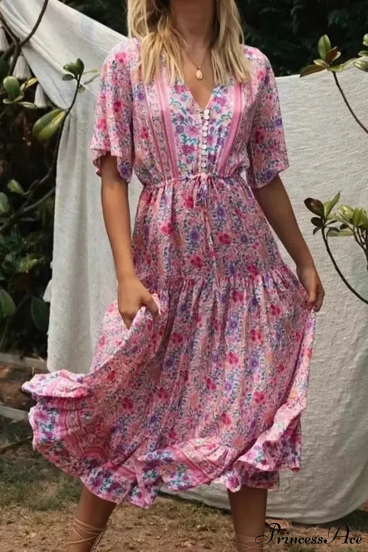 Pink Floral Print V-neck Tassel Rayon Vacation Maxi Boho Dress