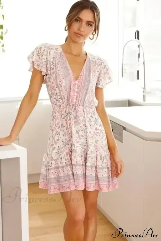 Pink Floral Short Sleeve Loose V-neck Mini Boho Dress