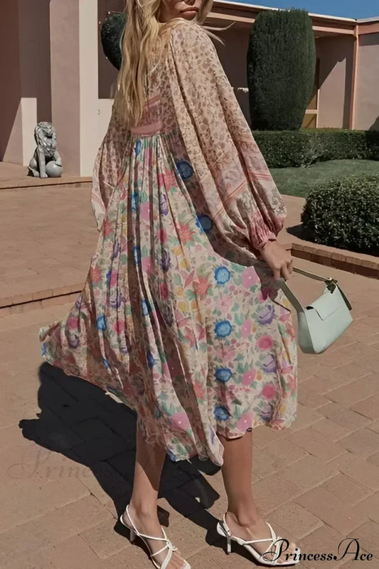 Pink Floral Square Collar Short Sleeve Boho Dress