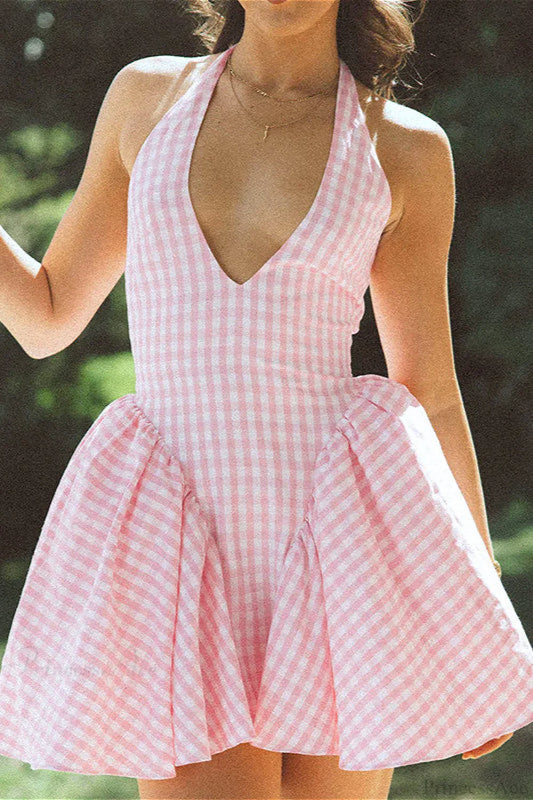 Plaid Color Block Halter Deep V Ruched Mini Dress