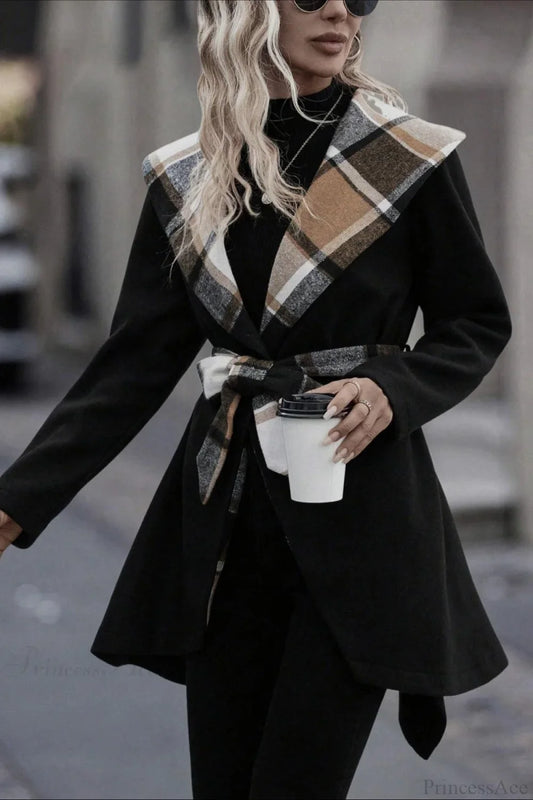 Plaid Color Block Tie Waist Wool Blend Coat