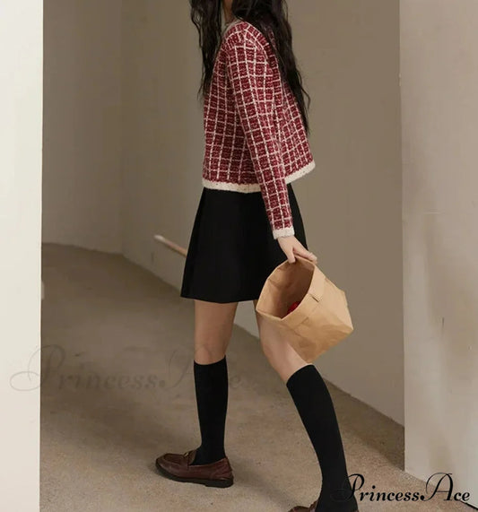 Plaid Tweed Retro Red O-Neck Cardigan