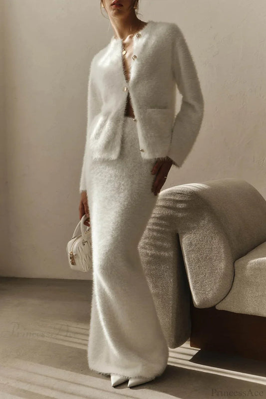 Plush Long Sleeve Single Breasted Open Front Two Piece Set