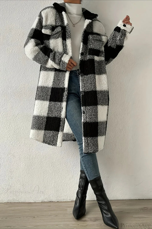 Plush Plaid Button Front Wide Lapel Relaxed Overcoat