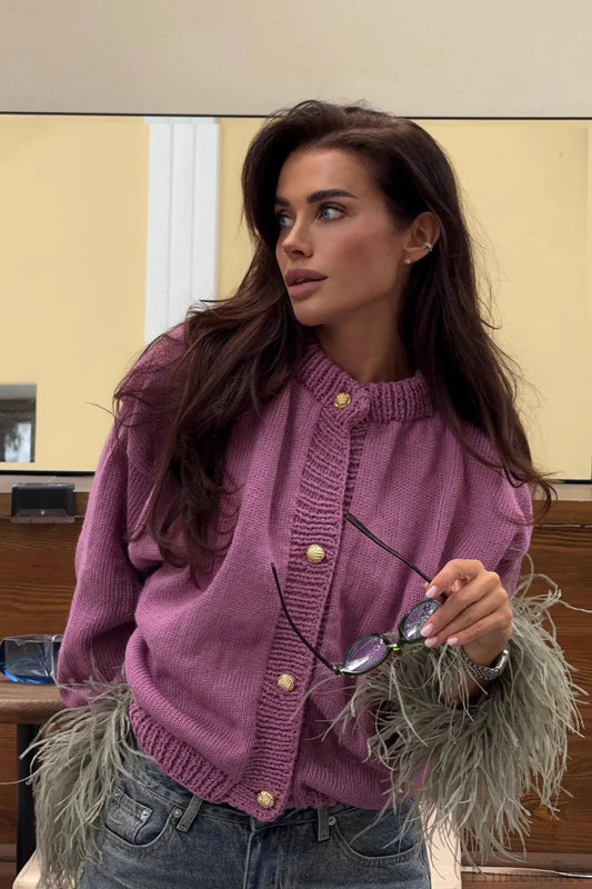 Purple Cropped Fuzzy Cuff Paneled Sweater