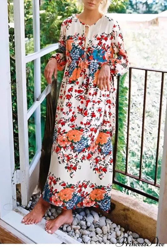 Purple Floral Lace-up V-neck Rayon Maxi Boho Dress