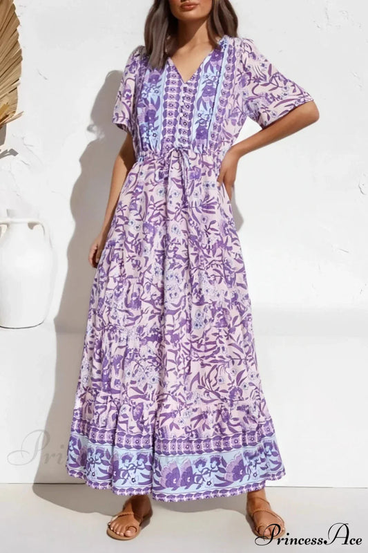 Purple Floral Print Button V-neck Pleated Rayon Maxi Boho Dress