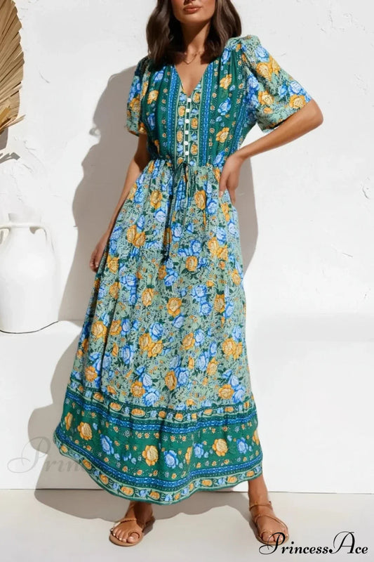 Purple Floral Print Button V-neck Pleated Rayon Vacation Maxi Boho Dress