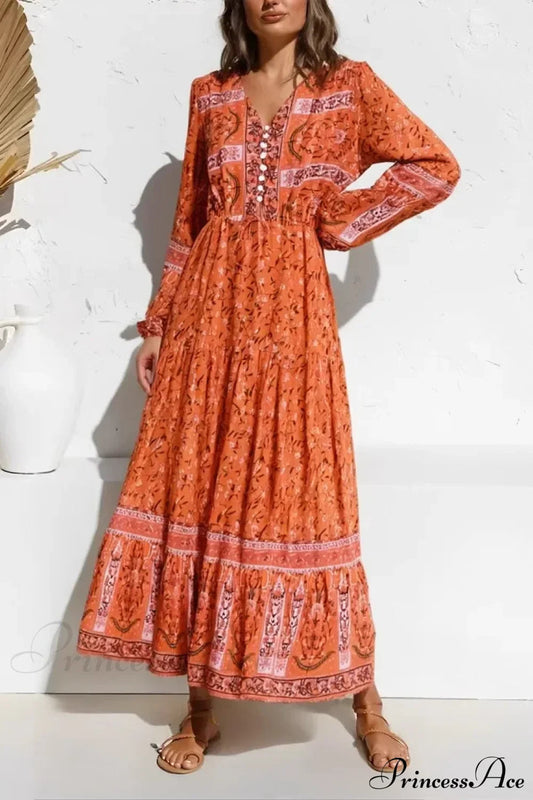 Purple Floral Print Lantern Sleeve V-neck Rayon Maxi Boho Dress