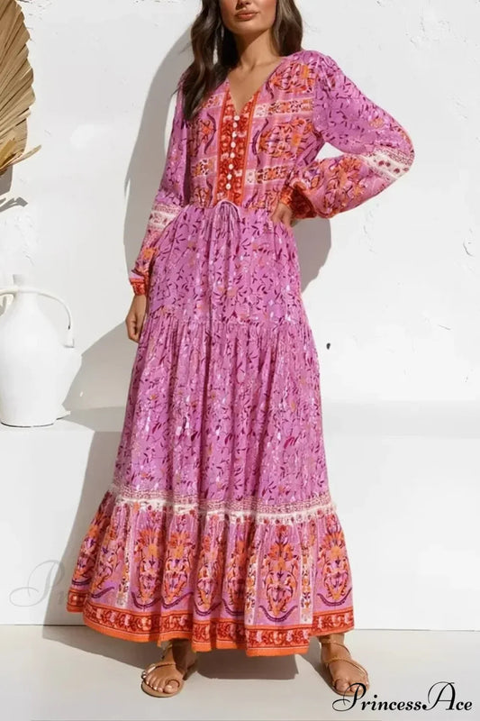 Purple Floral Print Lantern Sleeve V-neck Rayon Maxi Boho Dress
