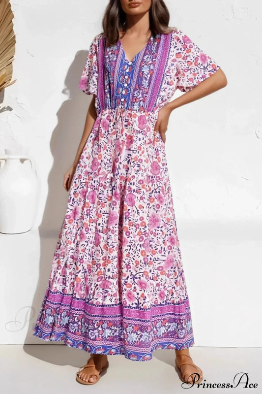 Purple Floral Print Short Sleeve Tassel Ruffles Rayon Maxi Boho Dress