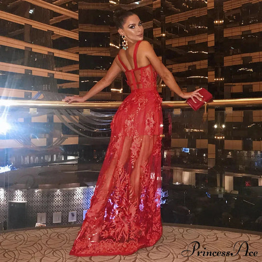Red Color Celebrity Fashion Sleeveless Sexy Backless Lace Long Dress Christmas Party Dress