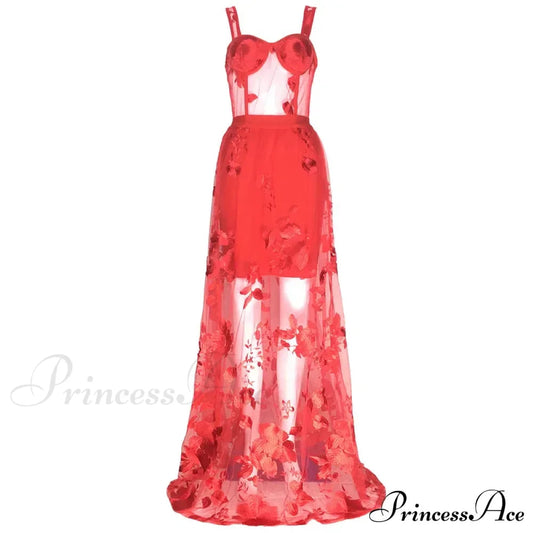 Red Color Celebrity Fashion Sleeveless Sexy Backless Lace Long Dress Christmas Party Dress