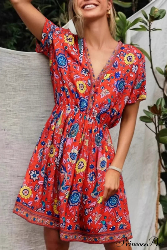 Red Floral Peacock Print V-neck Short Sleeve Casual Mini Boho Dress