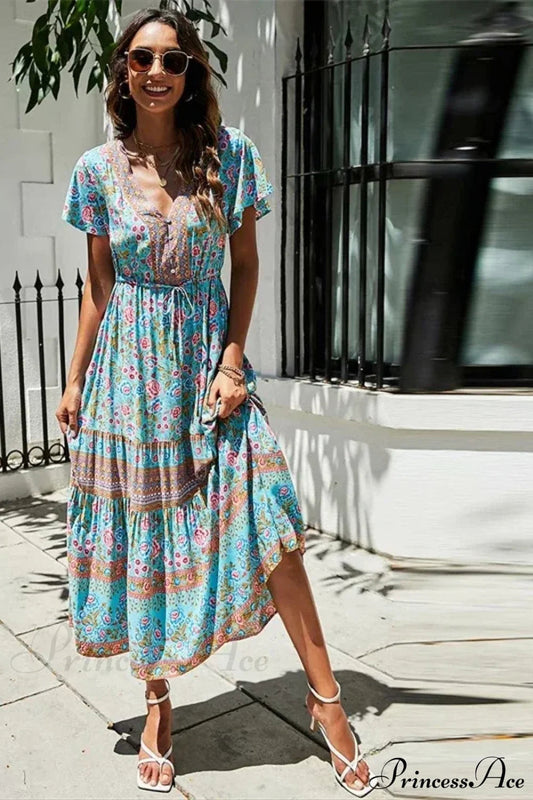 Red Floral Print Bat Sleeve Tassel V-neck Summer Boho Dress