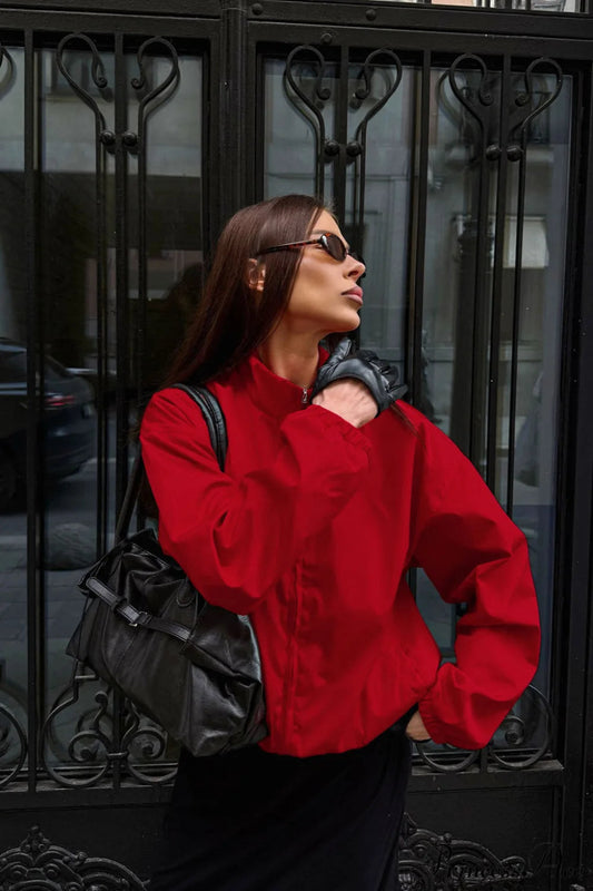 Red Stand Collar Zip Windproof Coat