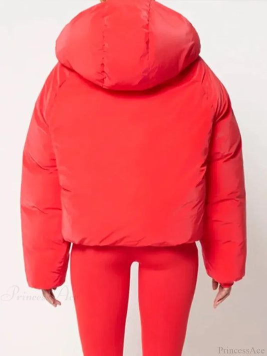 Red Stand Collar Zipper Cotton Coat Coats-241208