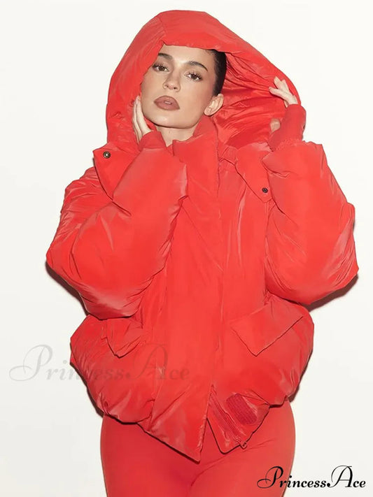 Red Stand Collar Zipper Cotton Coat