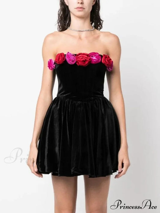 Red Strapless 3D Flower Mini Party Dress