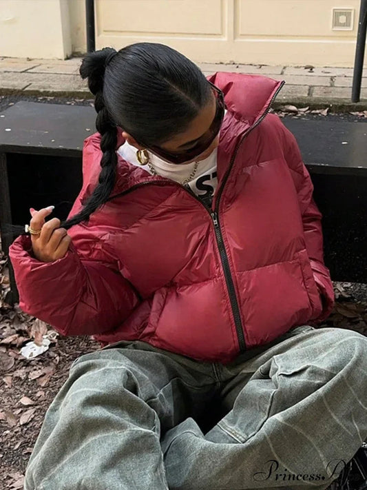 Red Turn-Down Collar Zipper Coat