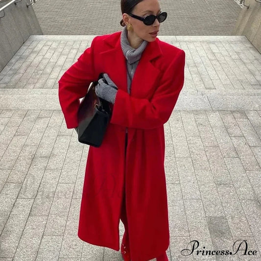Red Woolen Blend Lapel Coat