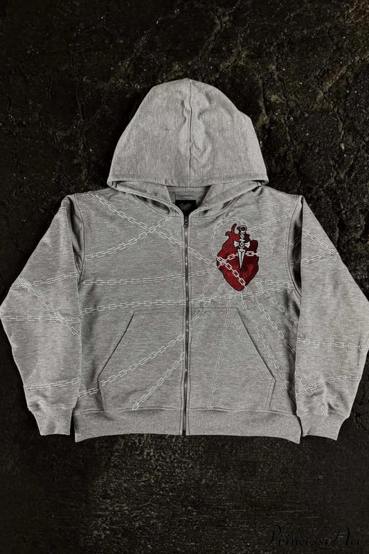 Relaxed Fit Chain Heart 3D Embroidery Print Hoodie