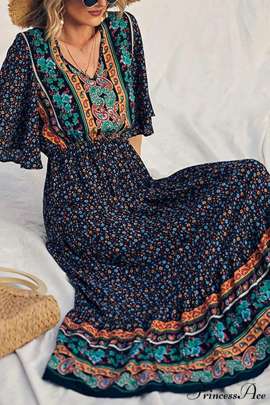Retro Floral Print V-neck Boho Sundress
