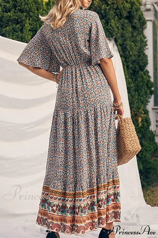 Retro Floral Print V-neck Boho Sundress