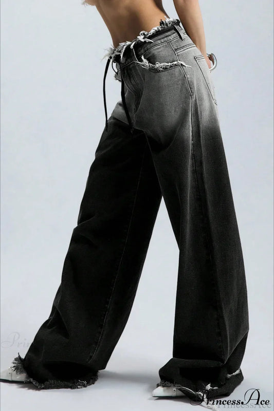 Retro Frayed Waist Ombre Straight Wide Leg Jeans