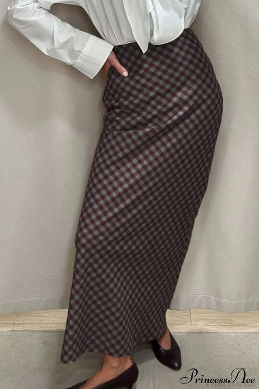Retro Plaid Cotton Maxi Straight Skirt