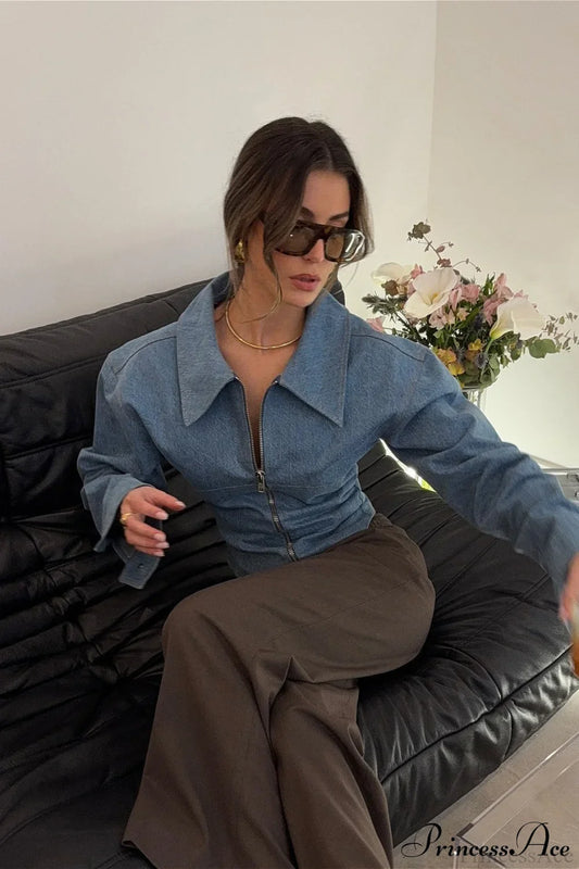 Retro Polo Collar Denim Zip Blouse