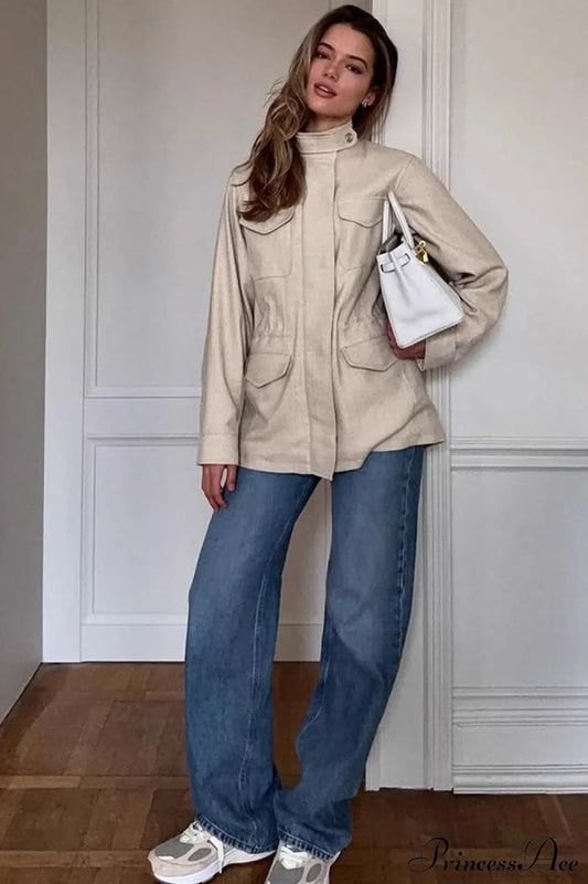 Retro Solid Collared Elastic-Waist Long-Sleeve Trench Jacket White / S