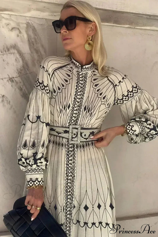 Retro Stand Collar Belted Boho Dress