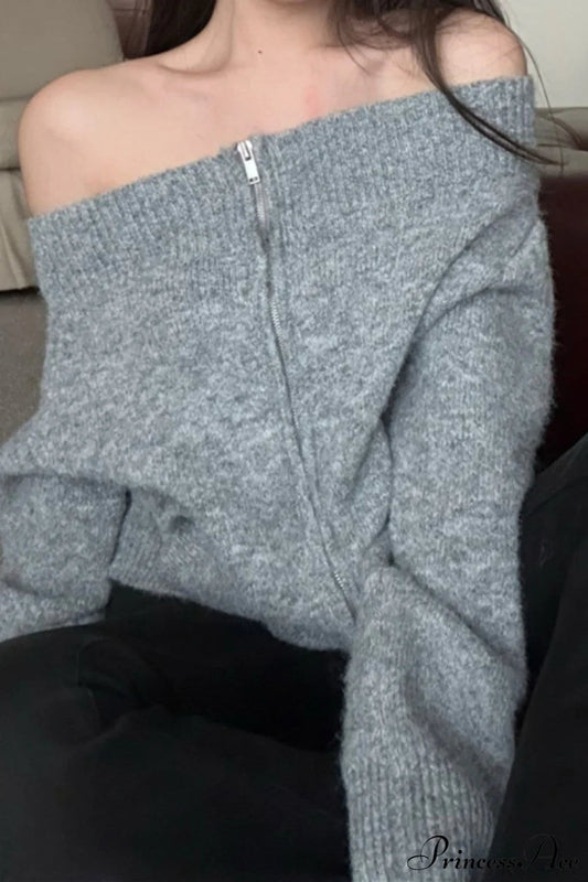 Retro Zip Off-Shoulder Slim-Fit One-Size Knit Cardigan