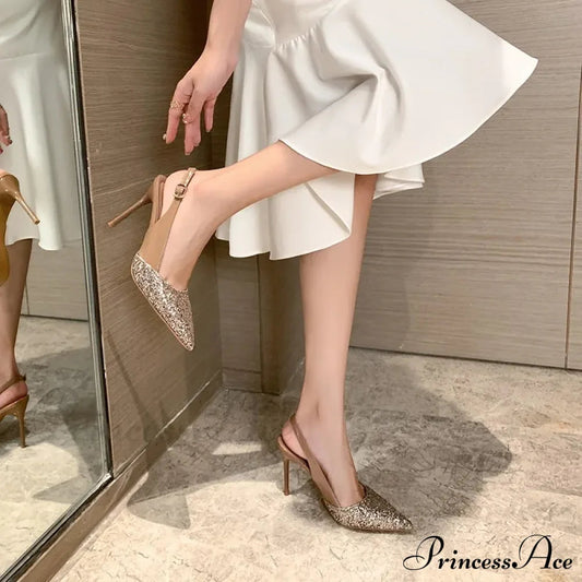 Rhinestone Pointed Slippers One-Line Buckle Sequin Designer Elegant Pumps High Heel