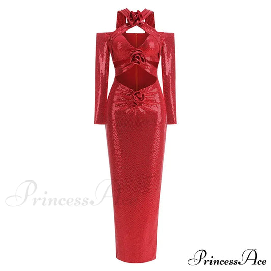 Rosered Long Sleeve Sequins Party Dress