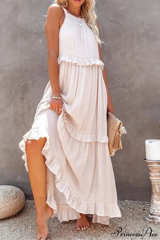 Ruffles Sexy Split Halter Sleeveless Big Hem Maxi Boho Dress