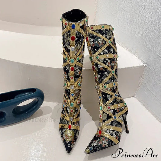 RunwayFashion Color Gem Embroider Pointed Toe Zip Stripper Heels Booties High Heel